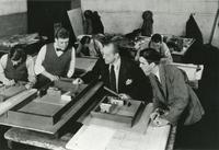 Ludwig Mies van der Rohe with students James Speyer (left) and George Danforth (right), fourth year studio critique, 1939.