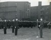 President Henry T. Heald at microphone addressing V-12 unit, Illinois Institute of Technology, Chicago, Illinois, ca. 1943