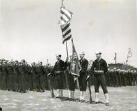 Navy V-12 unit on parade grounds of IIT campus during "Junior Week," Illinois Institute of Technology, Chicago, Illinois, 1944