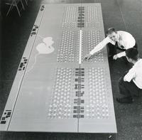 Reginald Malcolmson with model of "Metro-Linear: the Regional Metropolis," Illinois Institute of Technology, Chicago, Illinois, ca. 1960