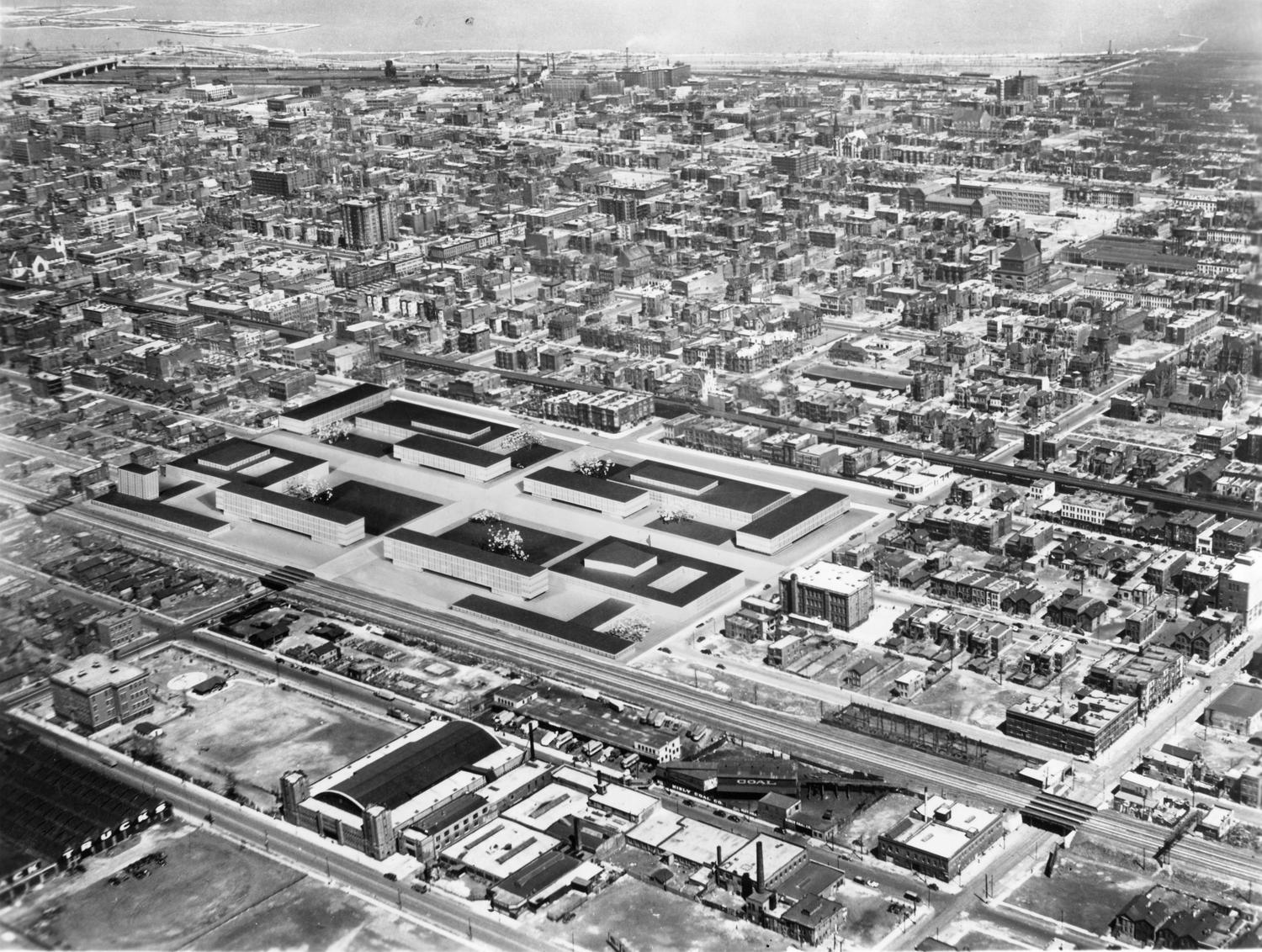 Mies van der Rohe's master plan for the Illinois Institute of Technology  campus superimposed on an aerial photograph of the campus, Chicago,  Illinois, 1941 | repository.iit