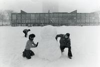 Students building a snowman, Illinois Institute of Technology, Chicago, Illinois, 1980s