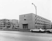 Lewis Hall, with Farr Hall, fraternity houses and IIT Tower in the background, Illinois Institute of Technology, ca. late 1960s