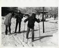 Students cross-country skiing on the Illinois Institute of Technology campus, Chicago, Illinois, 1981