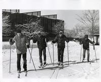 Students cross-country skiing on the Illinois Institute of Technology campus, Chicago, Illinois, 1981