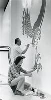 Benjamin de Brie Taylor painting the Hawk mural in Ecko Pool, Illinois Institute of Technology, Chicago, Illinois, ca. 1980