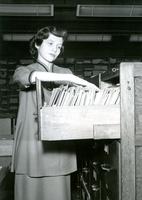 Assistant Librarian Carolyn Leroy in the Armour Research Foundation Library, Illinois Institute of Technology, Chicago, Illinois, ca. 1947-1949