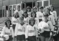 Women's volleyball team in front of Keating Hall, Illinois Institute of Technology, Chicago, Illinois, ca. 1983