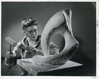 Institute of Design student Elisha Huston sculpting, Chicago, Illinois, ca. 1945-1949