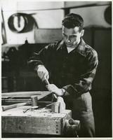 Institute of Design student Stanley Peters working in the wood workshop, Chicago, Illinois, ca. 1945-1949