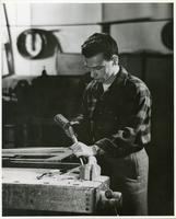 Institute of Design student Stanley Peters working in the wood workshop, Chicago, Illinois, ca. 1945-1949