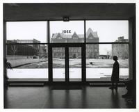 Siegel Hall foyer, looking out to Main Building and other campus buildings, Illinois Institute of Technology, Chicago, Illinois, ca. 1962-1968