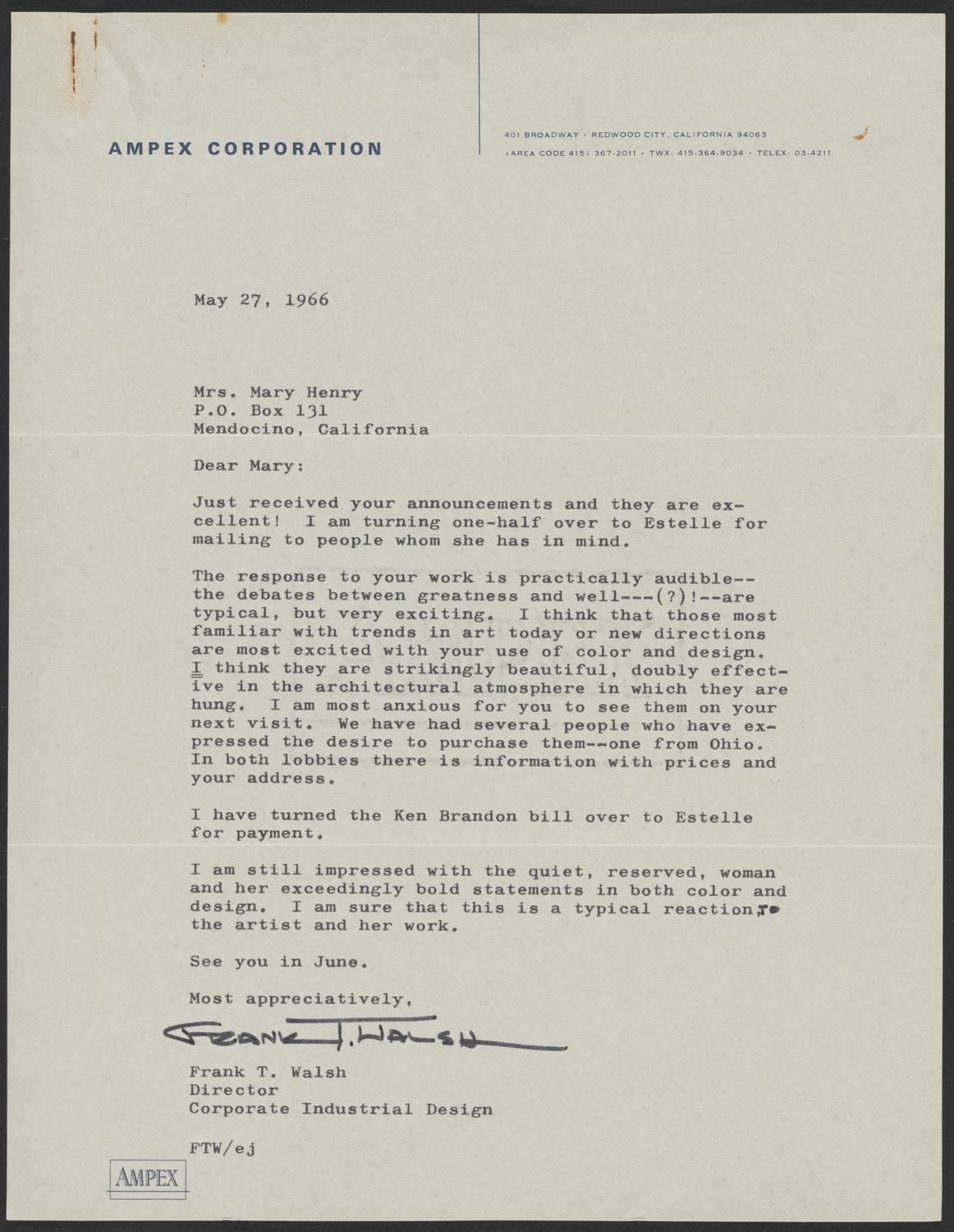 Letter from Frank T. Walsh to Mary Henry, May 27, 1966