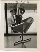 Takatsugu Sugiyama's Ribbon Chair, with Sugiyama and Jay Doblin in the background, Illinois Institute of Technology, Chicago, Illinois, ca. 1960