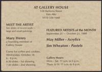 Postcard for a "Meet the Artist" event with Mary Henry, Gallery House, Palo Alto, California, 1989, recto