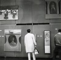 Students looking at paintings on exhibit, Illinois Institute of Technology, Chicago, Illinois, ca. 1964