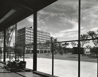 View from the Commons Building lobby, with Bailey Hall (now Kacek Hall), Carmen Hall, Gunsaulus Hall, and Carr Chapel visible to the northeast,  Illinois Institute of Technology, Chicago, Illinois, ca. 1962